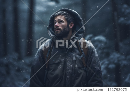 Young adult Caucasian man in winter forest, neural network generated photorealistic image 131792075