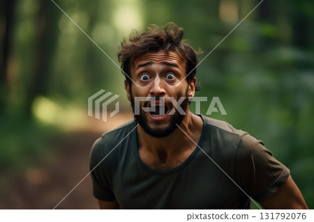 scared Caucasian young adult man lost in forest at summer, neural network generated photorealistic image 131792076