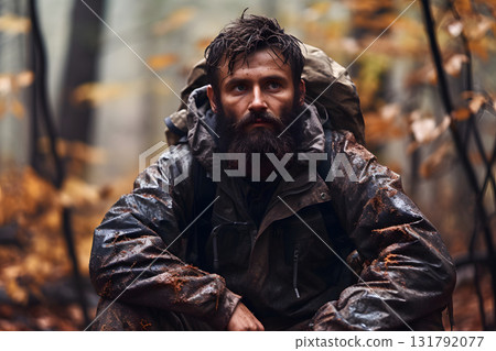 Caucasian young adult man lost in forest at autumn day, neural network generated photorealistic image 131792077