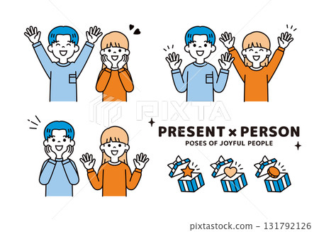 A young couple with a gift and open arms in joy, upper body vector illustration material - men and women set 131792126