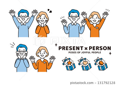 一對老年夫婦因收到禮物和幸福的表情而欣喜若狂的上半身向量插圖_男女套裝 131792128