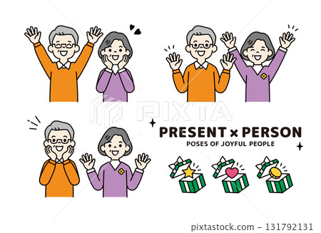 老年男女上身向量插圖的禮物和快樂表情和姿勢 131792131