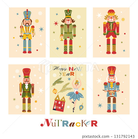 Christmas illustration card set with Nutcrackers on a background New year illustration. Christmas illustration card set with Nutcrackers on a background New year illustration. 131792143