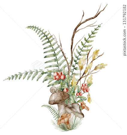 Watercolor bouquet with mushroom, cranberry and fern. Botanical Illustration of forest plants, branches and red fruits of lingonberry for seasonal greeting cards or invitations. Art for fall posters. Watercolor bouquet with mushroom, cranberry and fern. Botanical Illustration of forest plants, branches and red fruits of lingonberry for seasonal greeting cards or invitations. Art for fall posters. 131792182