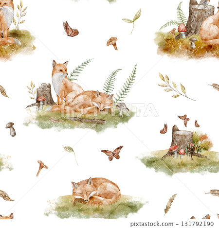 Seamless watercolor Pattern with foxes, mushrooms, leaves, and forest elements. Illustration of background with woodland animals for baby textile design, childish wrapping paper or nursery wallpaper. Seamless watercolor Pattern with foxes, mushrooms, leaves, and forest elements. Illustration of background with woodland animals for baby textile design, childish wrapping paper or nursery wallpaper. 131792190