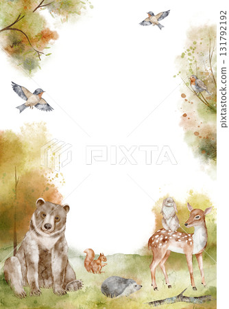 Watercolor card with woodland animals including bear, deer, rabbit, squirrel, hedgehog and birds among autumn trees. Illustration of Forest background template for baby invitations and nursery poster. 131792192