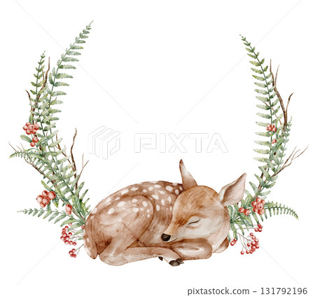 Watercolor Wreath with a sleeping Fawn with ferns and berries. Illustration of round Frame with deer for woodland nursery posters and baby shower greeting cards, Drawing of forest animal for children. Watercolor Wreath with a sleeping Fawn with ferns and berries. Illustration of round Frame with deer for woodland nursery posters and baby shower greeting cards, Drawing of forest animal for children. 131792196