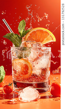 Cold glass of beverage with water splashes in glass. on red background. AI Generated. Cold glass of beverage with water splashes in glass. on red background. AI Generated. 131792528