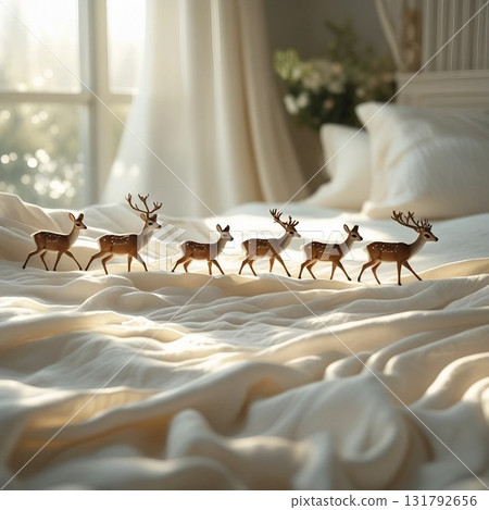 Miniature deer walking on a sheet Miniature deer walking on a sheet 131792656