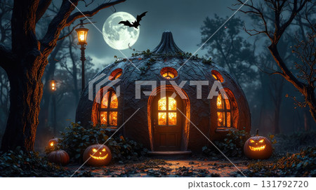 Haunted Pumpkin House With Glowing Windows Under Full Moon For Halloween Scene Haunted Pumpkin House With Glowing Windows Under Full Moon For Halloween Scene 131792720