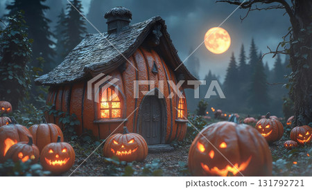 Whimsical Pumpkin House At Night With Glowing Windows In A Halloween Forest Scene Under Moonlight 131792721
