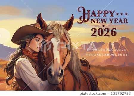 New Year's card - Year of the Horse - Mountain scenery, cowgirl and horse 131792722