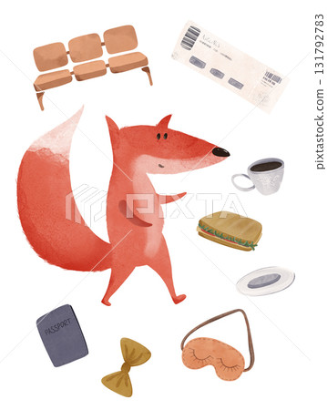 Cute fox with passport, ticket, and travel essentials like coffee, sandwich, sleep mask. Perfect for kids' books, travel themes, nursery decor. Ideal for playful designs or educational illustrations 131792783