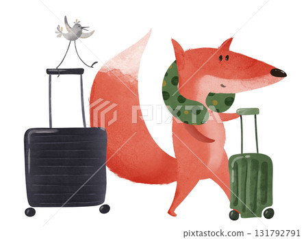 Cheerful cartoon fox struts with suitcases and cozy neck pillow, joined by a playful bird. Perfect for kids books, travel adventures, or vibrant nursery decor. Ideal for fun designs, educational tales 131792791