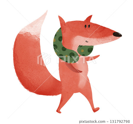 Cute cartoon fox with neck pillow walking, whimsical kids' illustration. Perfect for children's books, travel posters, travel with children, website, tourism, educational prints 131792798