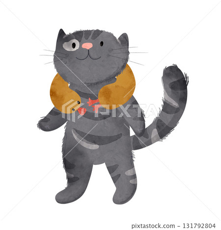 Adorable cartoon tabby cat with a travel neck pillow duck toy. Perfect for kids' books, nursery decor, or playful designs. Ideal for travel themes or educational illustrations Adorable cartoon tabby cat with a travel neck pillow duck toy. Perfect for kids' books, nursery decor, or playful designs. Ideal for travel themes or educational illustrations 131792804