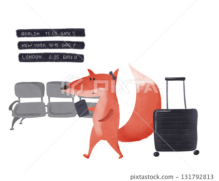 Adorable cartoon fox with a suitcase and passport in an airport waiting area. Perfect for kids' books, travel themes, or playful designs. Features Berlin, New York, and London flight signs Adorable cartoon fox with a suitcase and passport in an airport waiting area. Perfect for kids' books, travel themes, or playful designs. Features Berlin, New York, and London flight signs 131792813