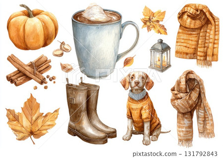 Autumn-themed illustration featuring cozy elements like pumpkin, hot drink, and warm clothing Autumn-themed illustration featuring cozy elements like pumpkin, hot drink, and warm clothing 131792843