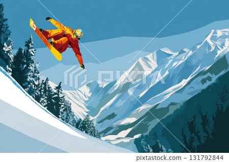 Snowboarder in vibrant orange outfit performing aerial trick against snowy mountain backdrop Snowboarder in vibrant orange outfit performing aerial trick against snowy mountain backdrop 131792844