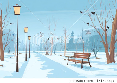 Winter park scene with snow-covered path, bare trees, and street lamps under a blue sky Winter park scene with snow-covered path, bare trees, and street lamps under a blue sky 131792845