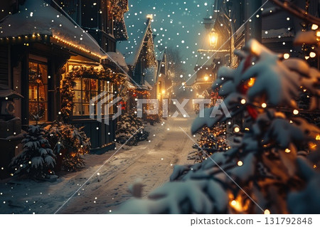 Snowy winter street scene with festive decorations and warm lights creating a cozy atmosphere Snowy winter street scene with festive decorations and warm lights creating a cozy atmosphere 131792848