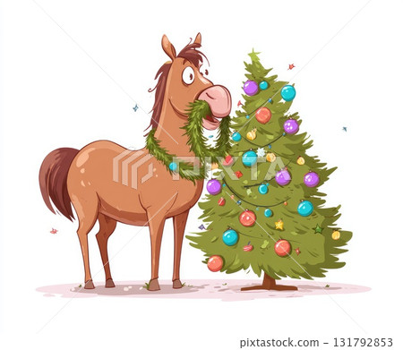 Cartoon horse decorating a Christmas tree with colorful ornaments and festive garland 131792853