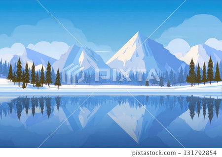 Scenic winter landscape with snow-capped mountains and tranquil lake reflecting blue sky 131792854