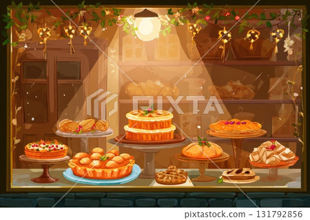 Colorful bakery display with various pastries and cakes in a cozy shop window setting 131792856
