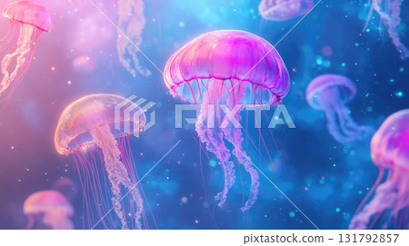 Colorful jellyfish floating gracefully in a vibrant underwater scene with soft glowing lights 131792857