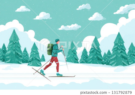 Skier with backpack gliding through snowy landscape surrounded by evergreen trees and clouds 131792879