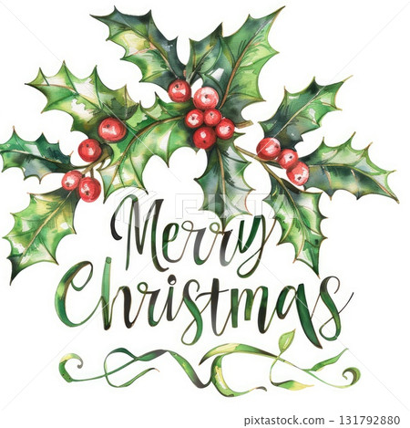 Festive holly leaves with red berries and elegant handwritten Merry Christmas greeting 131792880
