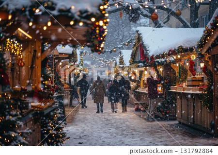 Winter market scene with festive decorations, snow falling, and people enjoying holiday atmosphere 131792884