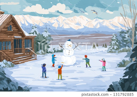 Children building a snowman in a winter landscape with mountains and a cozy cabin nearby Children building a snowman in a winter landscape with mountains and a cozy cabin nearby 131792885
