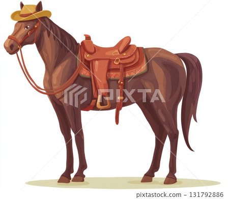 Brown horse with saddle and cowboy hat standing on green grass in a vibrant illustration style Brown horse with saddle and cowboy hat standing on green grass in a vibrant illustration style 131792886