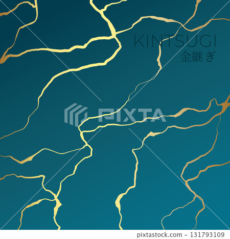 A square background in the Kintsugi style. Golden Kintsugi cracks on a sea green background. Vector illustration 131793109