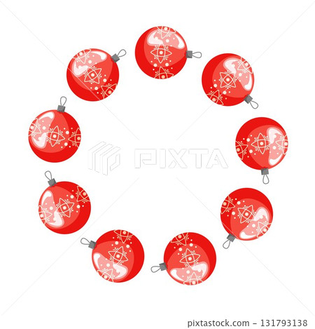 Ornament arranged in a circular wreath with red Christmas tree ball in cartoon style. 131793138