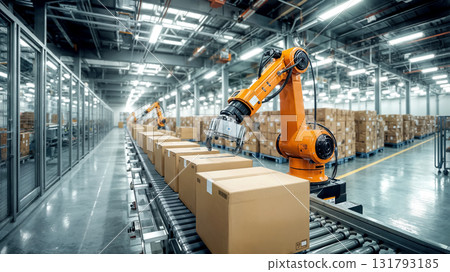 Photorealistic robotic system sorting boxes on automated line in fulfillment center. High tech concept. Photorealistic robotic system sorting boxes on automated line in fulfillment center. High tech concept. 131793185