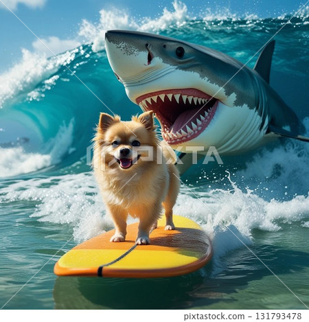 Surfing dog and shark Surfing dog and shark 131793478