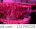 Pork sold at a butcher shop in the Hong Kong market. Higher and more expensive than beef and chicken. Chinese love pork 131793728