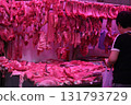 Pork sold at a butcher shop in the Hong Kong market. Higher and more expensive than beef and chicken. Chinese love pork 131793729