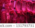 Pork sold at a butcher shop in the Hong Kong market. Higher and more expensive than beef and chicken. Chinese love pork 131793731