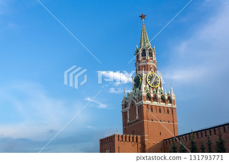 Spasskaya tower of the Moscow Kremlin on a background of blue sky 131793771