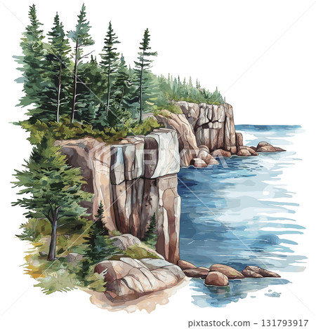 Acadia National Park. Acadia National Park hand drawn watercolor illustration 131793917