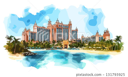 Atlantis Resort. Atlantis Resort hand drawn watercolor illustration 131793925
