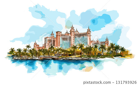 Atlantis Resort. Atlantis Resort hand drawn watercolor illustration Atlantis Resort. Atlantis Resort hand drawn watercolor illustration 131793926