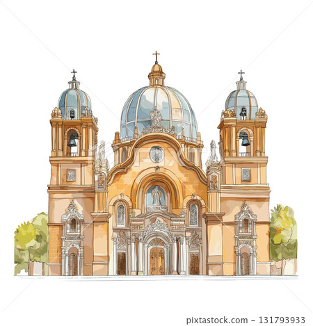 Basilica of Our Lady of Guadalupe. Basilica of Our Lady of Guadalupe hand drawn watercolor illustration 131793933