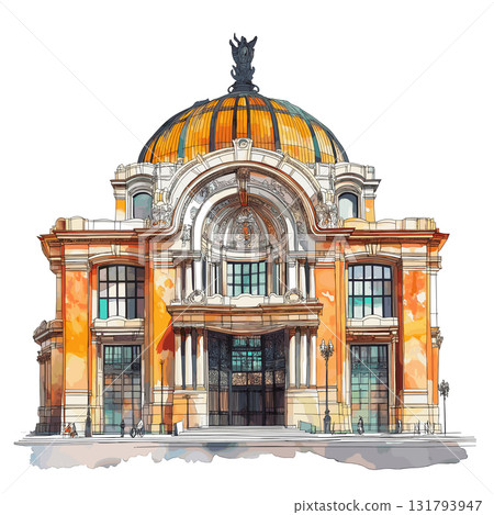 Bellas Artes Palace. Bellas Artes Palace hand drawn watercolor illustration Bellas Artes Palace. Bellas Artes Palace hand drawn watercolor illustration 131793947