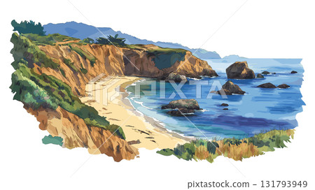 Big Sur Coastline. Big Sur Coastline hand drawn watercolor illustration Big Sur Coastline. Big Sur Coastline hand drawn watercolor illustration 131793949