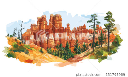 Bryce Canyon National Park. Bryce Canyon National Park hand drawn watercolor illustration 131793969