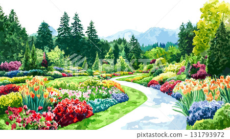 Butchart Gardens. Butchart Gardens hand drawn watercolor illustration Butchart Gardens. Butchart Gardens hand drawn watercolor illustration 131793972